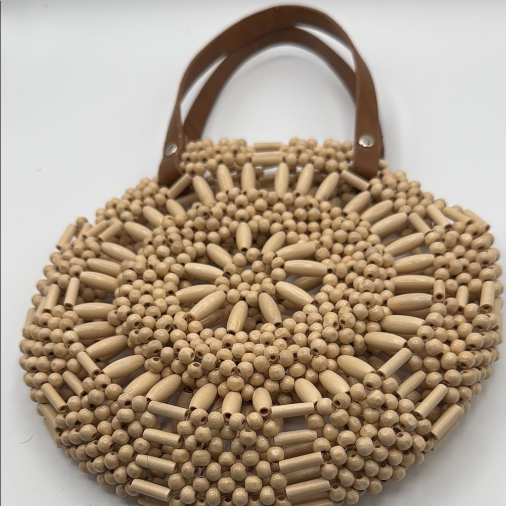 Beaded Tan Handbag  9x9” round 13 inch faux leather strap handle